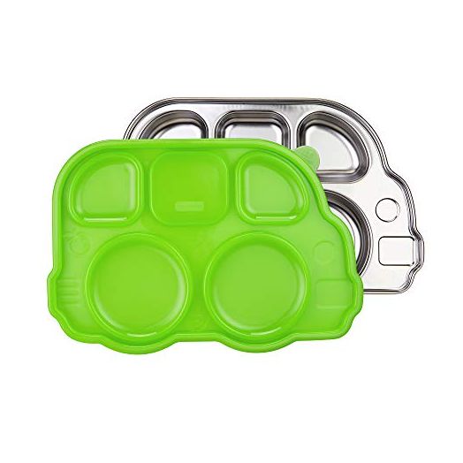 Innobaby Stainless Bus Plate with Airtight Sectional Lid, The Original, Leak-Resistant Divided Platter, Mom Invented Fun Shape Plate Din Din Smart for Babies, Toddlers and Kids, BPA Free Plate, Green