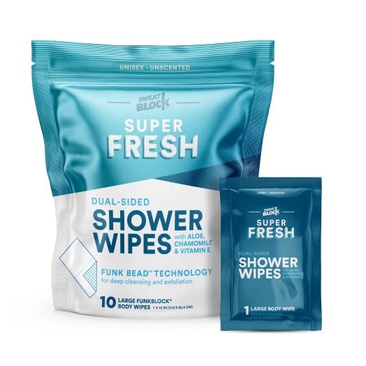Super Fresh FunkBlock Shower Wipes - Large Body Wipes for Hygiene, Camping Wipes, Gym & Travel. No Rinse Bathing Wipes with Aloe & Vitamin E. Unscented. Bag of (10) Individually Wrapped Wipes