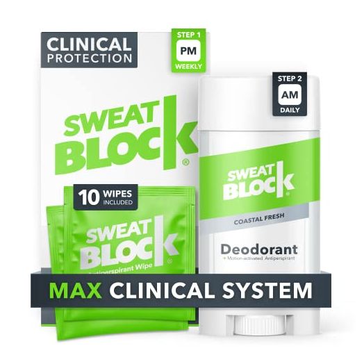 SweatBlock Antiperspirant Deodorant Max Clinical System for Men & Women. Treat Hyperhidrosis, Excessive Sweating & Underarm Odor - (10) DRIBOOST [PM] Antiperspirant Wipes + (1) Everyday Protection [AM] Deodorant Stick