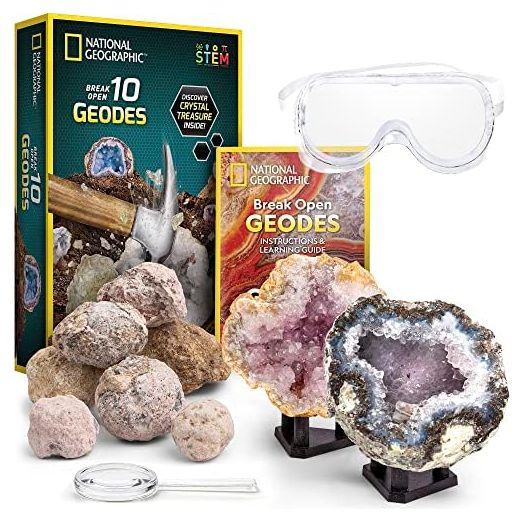 NATIONAL GEOGRAPHIC Break Open 10 Premium Geodes - Includes Goggles and Display Stands - Great STEM Science Kit, Geology Gift for Kids, Geodes Rocks Break Your Own, Toys for Boys and Girls