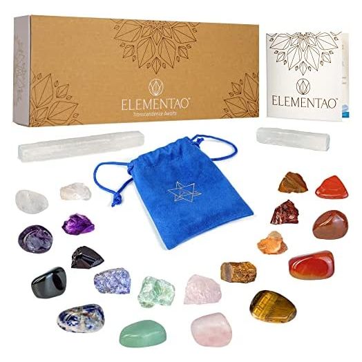 Elementao Chakra Crystals & Healing Stones - 22 Real Crystals and Gemstones with Velvet Storage Bag, Use for Reiki, Spiritual Decor, Wiccan Decor, Meditation Accessories, Relaxing Gifts for Women