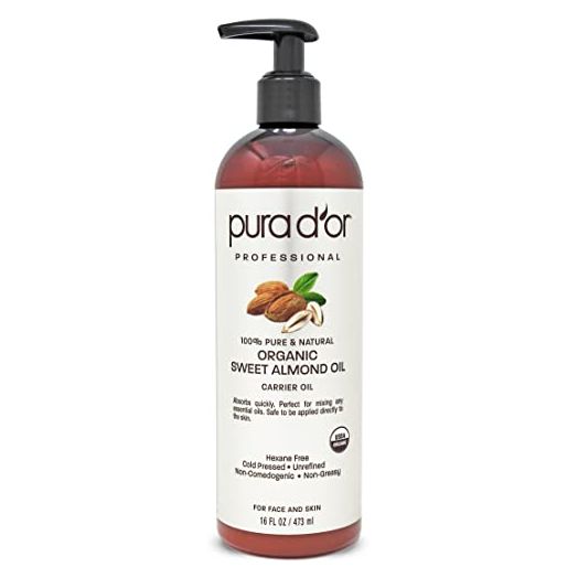 PURA D'OR Organic Sweet Almond Oil, USDA Certified 100% Pure Carrier Oil, 16oz