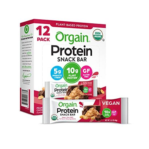 Orgain Organic Plant Based Protein Bar, Peanut Butter Chocolate Chunk - 10g of Protein, Vegan, Gluten Free, Non Dairy, Soy Free, Lactose Free, Kosher, Non-GMO, 1.41 Ounce, 12 Count(Packaging May Vary)