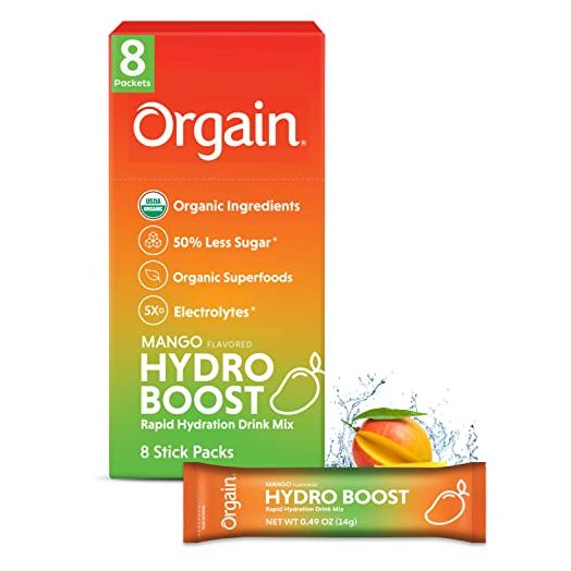 Organic Rapid Hydration Packets by Orgain, Mango Hydro Boost - Packed with Electrolytes & Superfoods, Less Sugar, Gluten Free, Vegan, No Soy Ingredients or Artificial Flavors, Non-GMO (Pack of 8)