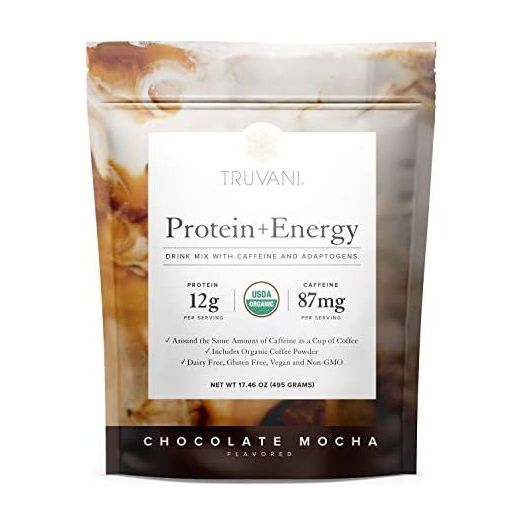 Truvani Protein + Energy Drink Mix with Caffeine & Adaptogens | USDA Certified Organic, Vegan, Non-GMO, & Gluten Free | Chocolate Mocha (20 Servings)