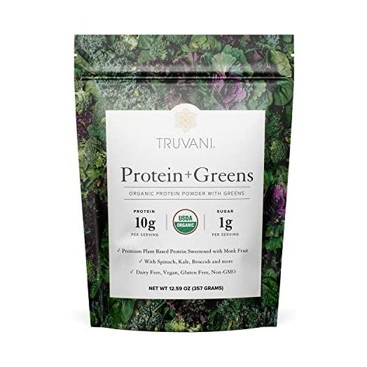 Truvani Protein + Greens | Organic, Non-GMO, Vegan, Gluten Free, Dairy Free | Daily Greens Combined with Protein | Great Taste with a Splash of Sweetness