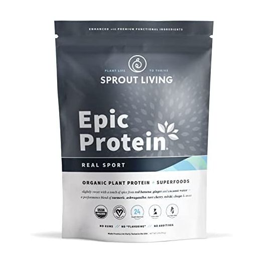 Sprout Living, Epic Protein, Plant Based Protein & Superfoods Powder, Real Sport | 24 Grams Organic Protein Powder, Recovery, Vegan, Non Dairy, Non-GMO, Gluten Free, Low Sugar (1 Pound, 12 Servings)