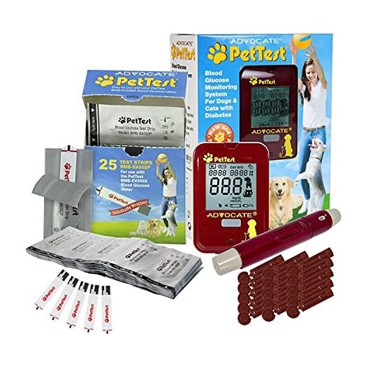 Glucose Monitor Blood Sugar Test Kit Diabetic Supplies for Dogs Cats | Blood Glucose Monitoring Kit PT-100 by PetTest | 25 Test Strips | 50 (21G) Lancets | Red Dot Lancing Device with Carrying Case