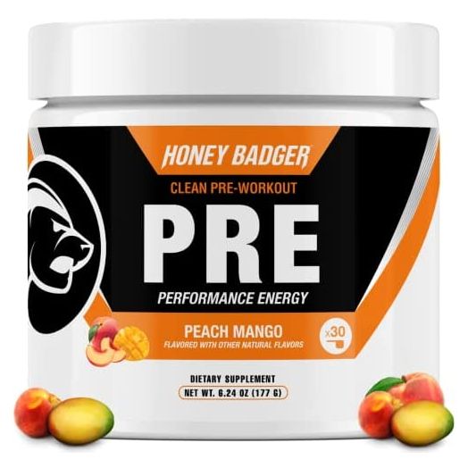 Honey Badger Pre Workout Powder | Vegan Keto Peach Mango Preworkout | Natural Energy for Men & Women | Beta Alanine, Caffeine & Vitamin C for Immune Support | Sugar Free & Paleo | 30 Servings