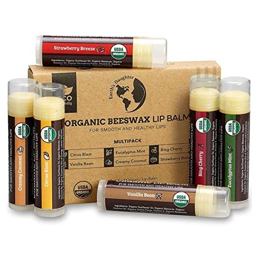 USDA Organic Lip Balm 6-Pack by Earth's Daughter - Fruit Flavors, Beeswax, Coconut Oil, Vitamin E - Best Lip Repair Chapstick for Dry Cracked Lips - Moisturizing Lip Care