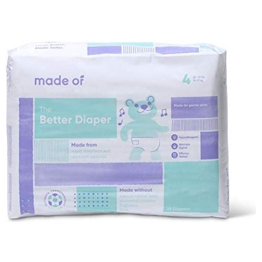 MADE OF Baby Diapers Size 2-10 Hour Absorbent Diapers, Diapers Sensitive Skin, Hypoallergenic Diapers, Unscented Diapers, Pediatrician and Dermatologist Tested, Up to 10 pounds (Size 4)