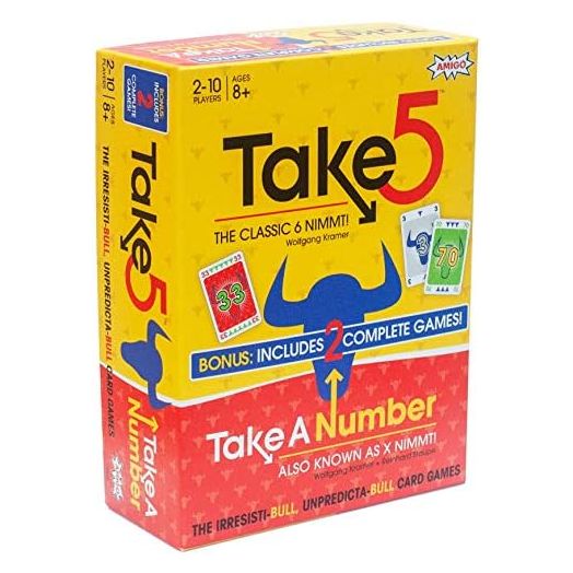 AMIGO Take 5: Two Games in One – U.S. Version of 6 Nimmt! with Take A Number (X Nimmt!) Included, Yellow/Red