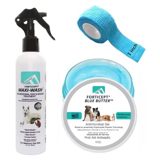 Forticept Hot Spot Treatment for Dogs Kit – Maxi-Wash Dog Itch Relief Spray 8Oz+ Blue Butter Dog Skin Irritation Treatment Ointment 4Oz + Self Adhesive Bandage Wrap