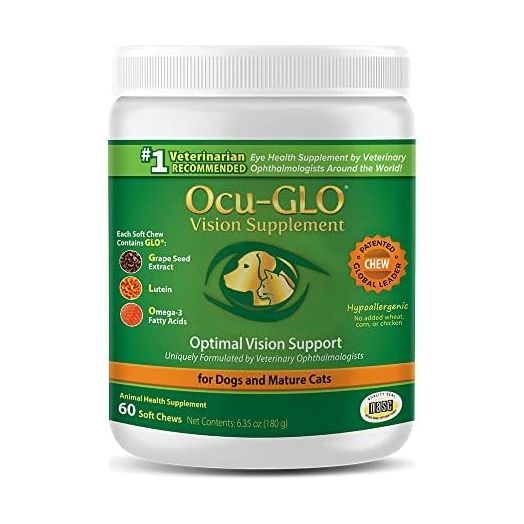 Ocu-GLO Cat & Dog Senior Supplement for Eye Support - Chewable Vision Vitamins Supplements for Large and Small Pets Care with Lutein, Omega-3 Fatty Acids, Grape Seed Extract & Antioxidants