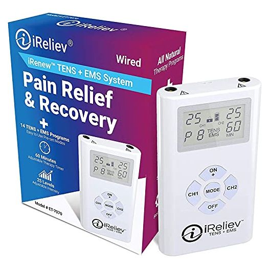 iReliev TENS + EMS Combination Unit Muscle Stimulator for Pain Relief & Arthritis & Muscle Strength - Treats Tired and Sore Muscles in Your Shoulders, Back, Ab's, Legs, Knee's and More