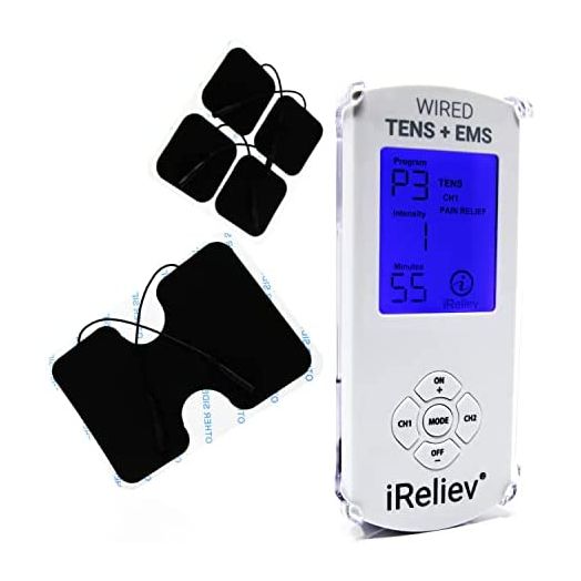 TENS Unit + EMS Muscle Stimulator by iReliev: Comes with 14 Therapy Modes, Premium Pain Relief and Recovery System, Rechargeable, Large Back Lit Display, Large and Small Electrode Pads