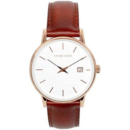 Ethan Eliot Classic Women's Watch, Savannah 36mm Rose Gold Watch for Women with Date, Stainless Steel Rose Gold Case, White Face & Genuine Leather Band, 5ATM Water Resistant Watches