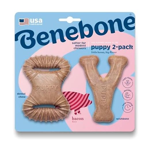 Benebone Puppy 2-Pack Dental Chew/Wishbone Dog Chew Toys, Made in USA, Real Bacon Flavor