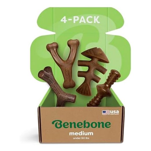 Benebone Medium 4-Pack Dog Chew Toys for Aggressive Chewers, Made in USA, 60lbs and Under