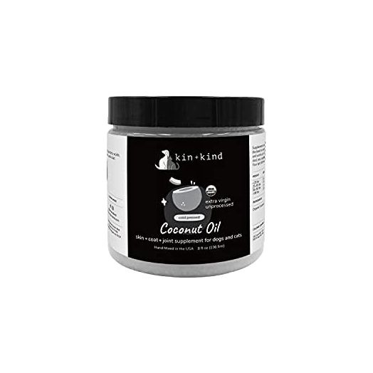 kin+kind Organic Raw Coconut Oil Pet Supplement - Skin and Coat Support for Dogs and Cats - Safe, Natural Formula with Unprocessed, Cold Pressed Extra Virgin Coconut Oil - Mixed in The USA