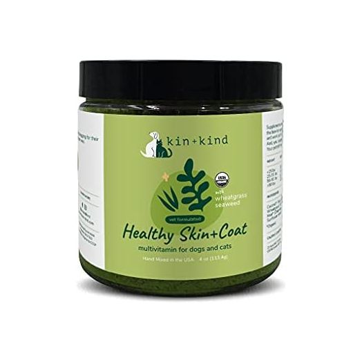 kin+kind Organic Multivitamin for Dogs and Cats - Pet Supplement for Immune Support, Healthy Skin and Coat - Safe, Natural Formula with Wheatgrass, Kelp, Flax Seed, Seaweed and Coconut - Made in USA