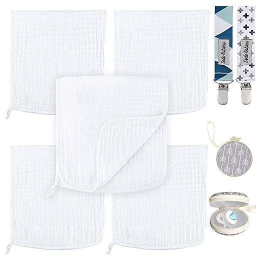 Baby Muslin Burp Cloths 5 Pack by Dodo Babies + 2 Pacifier Clips + Pacifier Case, 100% Cotton Large 20" by 10" Hand Washcloths, 6 Layers Extra Absorbent and Soft, Excellent Baby Shower/Registry Gift