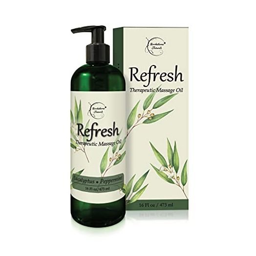 Refresh Massage Oil with Eucalyptus & Peppermint Essential Oils - Great for Massage Therapy. All Natural Muscle Relaxer. Ideal for Full Body Massage – Nut Free Formula 16oz