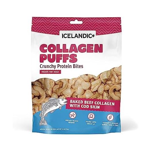 Icelandic+ Collagen Puffs: Baked Beef Collagen with Cod Skin 2.5oz - Treats for Med-Lg Dogs, Crunchy Protein Bites