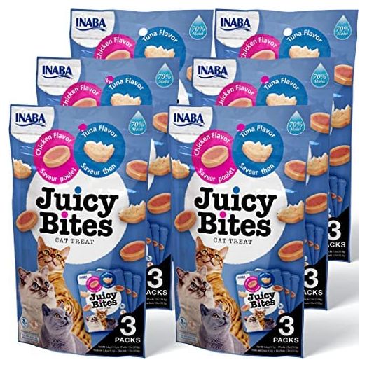 INABA Juicy Bites Grain-Free, Soft, Moist, Chewy Cat Treats with Vitamin E and Green Tea Extract, 0.4 Ounces per Pouch, 18 Pouches (3 per Bag)