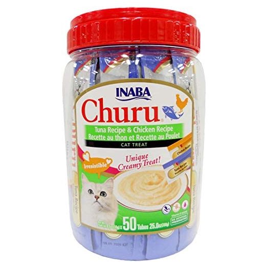 INABA Churu Lickable Creamy Purée Cat Treats Tuna Recipe and Chicken Recipe Canister of 50 Tubes