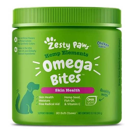 Zesty Paws Skin & Coat Bites for Dogs – Fish Oil Soft Chews with Omega-3 Fatty Acids EPA & DHA - Skin, Coat, Antioxidant & Immune Support - Hemp - 90 Count