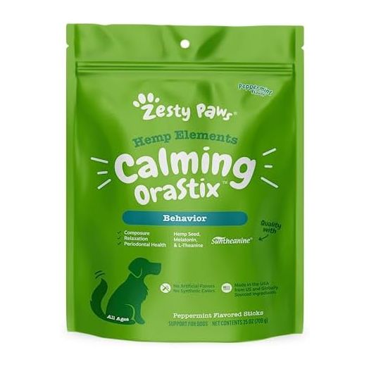 Zesty Paws OraStix for Dogs - Calming Dental Sticks for Stress with Hemp Melatonin Chamomile Dog Healthy Teeth and Gums Calm Composure for Fireworks and Thunderstorms - 25oz