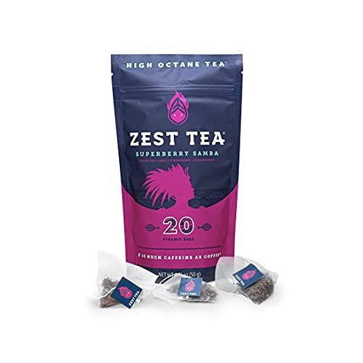 Zest 135mg High Caffeine Energy Leaf Blend - Superberry Samba Green Tea - 20 Pack Bag - Hot or Iced - All Natural Strong Flavored Healthy Coffee Highly Caffeinated Substitute - Perfect for Keto Diet