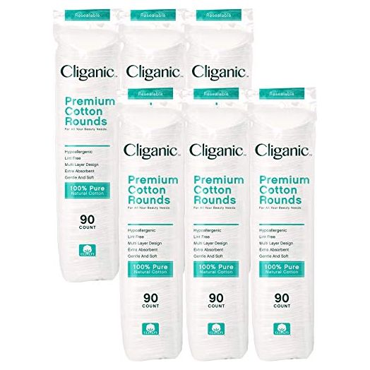 Cliganic Premium 100% Cotton Makeup Remover Pads 540 Count, (Pack of 6)