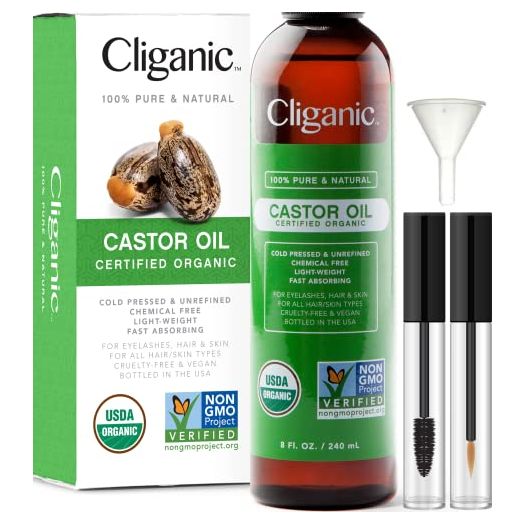 Cliganic USDA Organic Castor Oil, 100% Pure (8oz with Eyelash Kit)