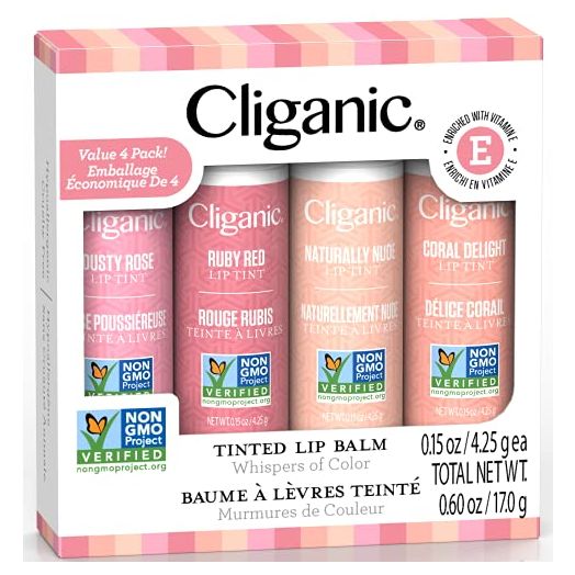 Cliganic Tinted Lip Balm - Non-GMO, 4 Colors - Enriched with Vitamin E, Cruelty Free