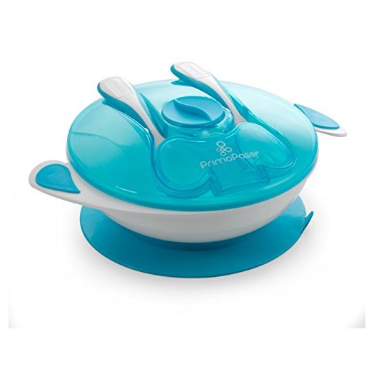 Baby Suction Bowl with Lid Snap-in Fork & Spoon - BPA Free First Stage Self Feeding Utensils - by Primo Passi |Blue|