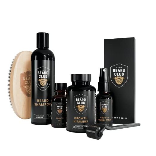 The Beard Club Advanced Beard Growth Kit - Derma Roller, Beard Growth Oil, Beard Growth Vitamins & Growth Vitamin Spray, Beard Shampoo and Beard Brush