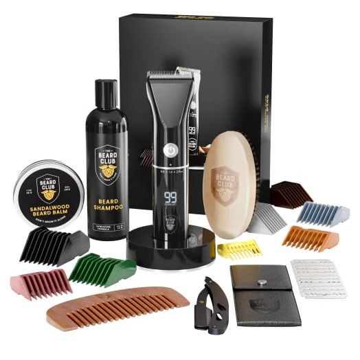 The Beard Club PT45 Trimmer & Premium Beard Care Grooming Gift Kit - Cordless Trimmer for Beard Detailing, Straight Edge Razor, Beard Shampoo, Brush, Comb and Sandalwood Balm - Deluxe Kit