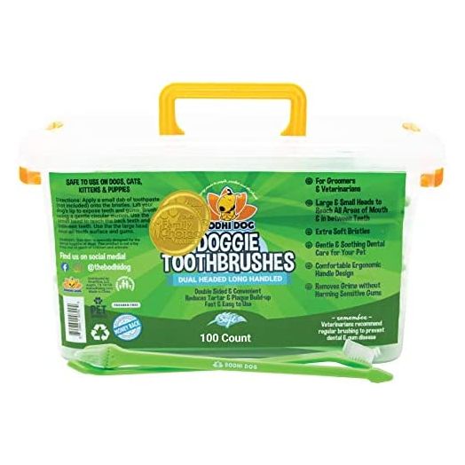 Dual Ended Long Dog & Cat Toothbrush | Pet Safe Super Soft Bristles for Pet Dental & Oral Care Teeth & Gums | Bulk Container 100 Pack