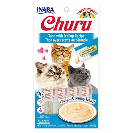 INABA Churu Lickable Purée Natural Cat Treats (Tuna with Scallop Recipe, 4 Tubes)