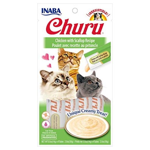 INABA Churu Lickable Purée Natural Cat Treats (Chicken with Scallop Recipe, 4 Tubes)