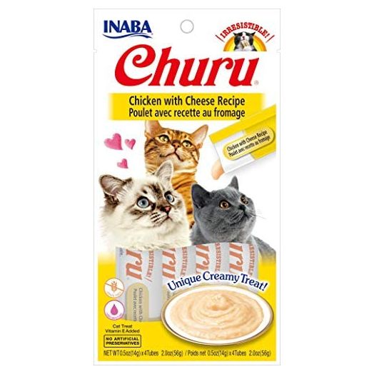 INABA Churu Lickable Purée Natural Cat Treats (Chicken with Cheese Recipe, 4 Tubes)