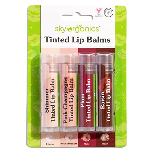 Sky Organics Tinted Lip Balms for Lips to Moisturize, Soften & Add A Wash of Color, Four Assorted Shades, 4pk.