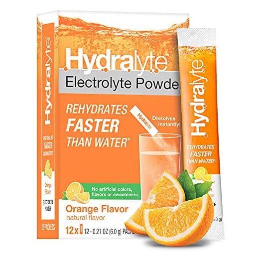 Hydralyte Electrolyte Hydration Powder Packets | Lightly Sparkling | Single Serve Powder Drink Mix for Workout, Cold & Flu, Late Night Recovery | Non-GMO, Instant Dissolve | All Natural Orange, 12 ct
