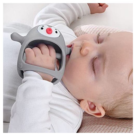 Smily Mia Penguin Buddy Never Drop Silicone Baby Teething Toy for 0-6month Infants, Baby Chew Toys for Sucking Needs, Hand Pacifier for Breast Feeding Babies, Car Seat Toy for New Born, Grey
