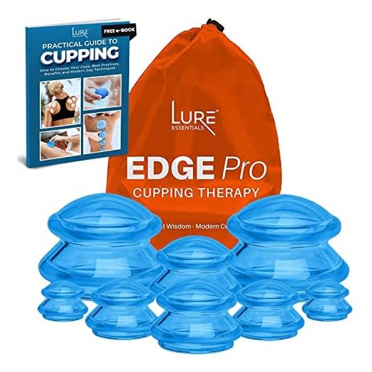 Lure Essentials Edge Cupping Set (8 Cups) Ultra Clear Blue Silicone Cupping Therapy Set for Cellulite Reduction and Myofascial Release - Massage Therapists and Home Use