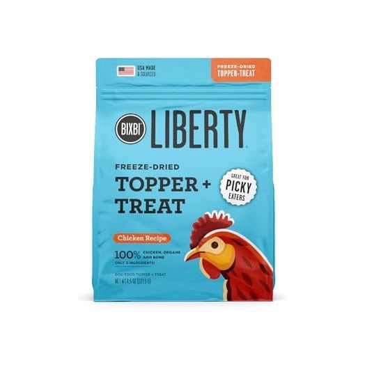 BIXBI Liberty Freeze Dried Dog Food Topper + Dog Treat, Chicken Recipe, 4.5 oz - 98% Meat and Organs, No Fillers - Pantry-Friendly Raw Treat or Food Topper - USA Made in Small Batches