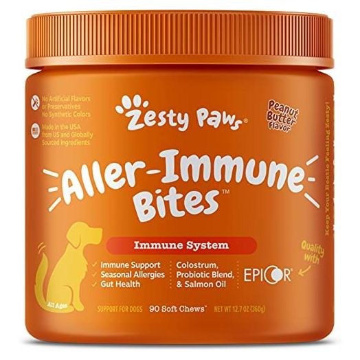 Zesty Paws Allergy Immune Supplement for Dogs - with Omega 3 Wild Alaskan Salmon Fish Oil & EpiCor + Digestive Prebiotics & Probiotics - Anti Itch & Skin Hot Spots + Seasonal Allergies - Peanut Butter