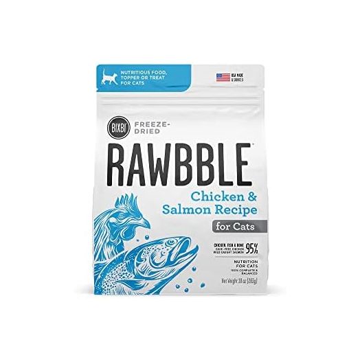 BIXBI Rawbble Freeze Dried Cat Food, Chicken & Salmon Recipe, 3.5 oz - 95% Meat and Organs, No Fillers - Pantry-Friendly Raw Cat Food for Meal, Treat or Food Topper - USA Made in Small Batches